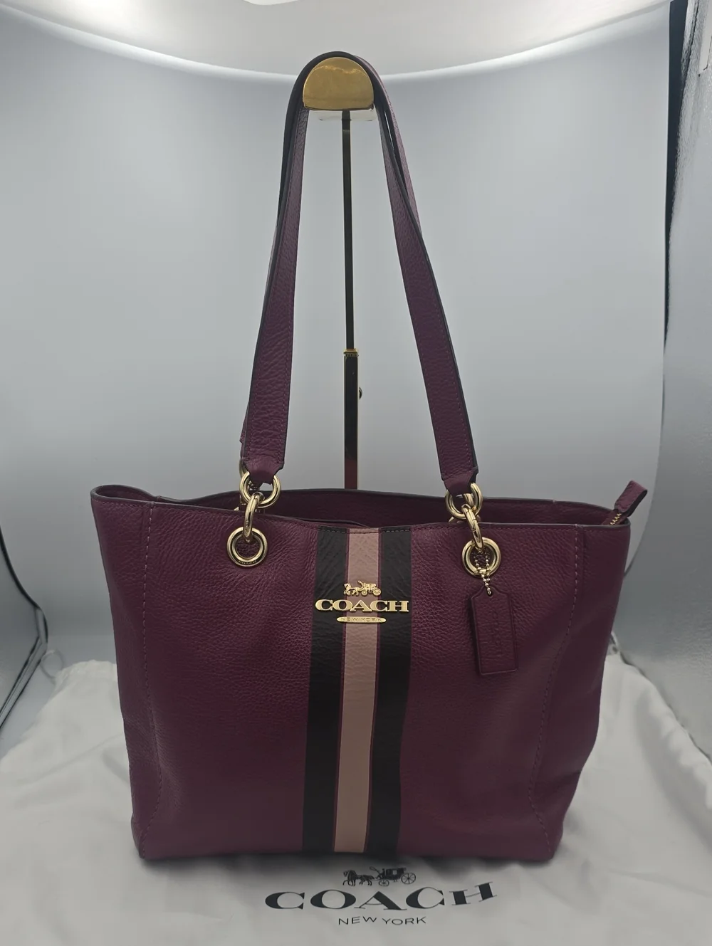 Coach Plum/Pink Varsity Stripe Ava Large Shoulder Bag W/ Gold Hardware (EUC)💖💜 - Picture 1 of 16